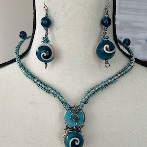 Turquoise Wire Wrapped - Handmade Sea Shell Lg. Beads Choker/Necklace/Earrings