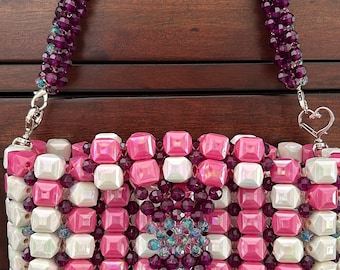 White/Pink Cube - Deep Purple Acrylic Faceted Beads - Bead Handbag