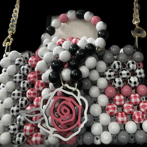 Pink/White/Gray/Black - Pink/Black Plaid Multi-color Wooden/Hollow Flower Bag