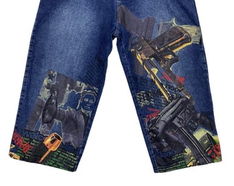 Arme Jeans Size 36 W36xL24 Welcome to the Hood Anime Print Baggy Jeans Hip Hop Skateboard