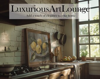 May include: A framed painting of lemons in a bowl with green leaves on a white brick wall in a kitchen setting. The painting is hanging above a wooden countertop with a stove, cabinets, and a window. The text "Luxurious Art Lounge Add a touch of elegance to your home" is at the top of the image.