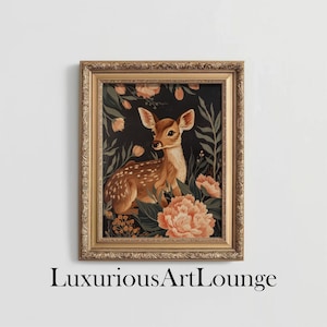May include: A framed illustration of a fawn in a forest setting with flowers. The fawn is brown with white spots and is surrounded by green leaves and pink flowers.