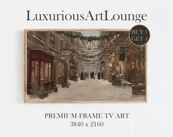Pode incluir: Uma impressão emoldurada de uma cena de rua com neve com edifícios e pessoas. A impressão tem o texto "LuxuriousArtLounge" na parte superior e "PREMIUM FRAME TV ART" na parte inferior. A imagem é uma cena de inverno com luzes e grinaldas.