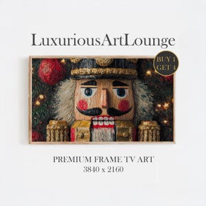 May include: A framed digital art print featuring a detailed nutcracker soldier with a black hat, red and gold uniform, and a large mustache. The artwork is set against a backdrop of Christmas decorations. The text "LuxuriousArtLounge" is at the top.