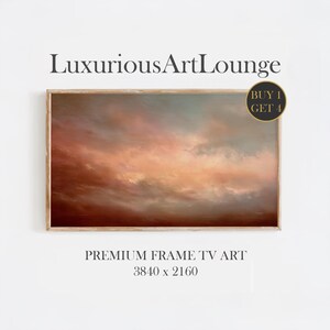 May include: Framed artwork featuring a dramatic sunset with shades of orange, red, and gray. The text "LuxuriousArtLounge" is at the top, with "BUY 1 GET 4" in a circle. Below, it reads "PREMIUM FRAME TV ART" and the resolution.