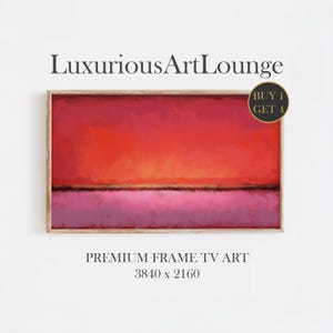 May include: Abstract art print in a wooden frame. The artwork displays a gradient of colours, shifting from red at the top to pink at the bottom, with a thin brown line in the middle. The text "LuxuriousArtLounge" and "Premium Frame TV Art" are displayed.