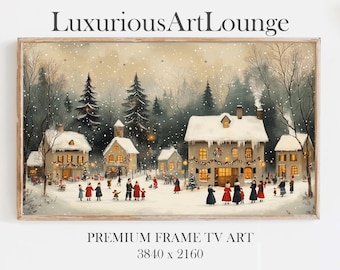May include: A snowy winter village scene with houses decorated for Christmas. The houses are lit up with string lights and there are people walking around in the snow. The scene is painted in a whimsical style with a warm color palette.