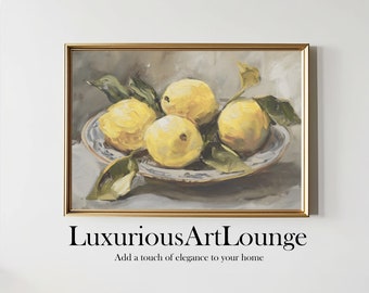 May include: A painting of a still life featuring four yellow lemons on a blue and white patterned plate. The lemons are arranged in a cluster, with green leaves around them. The painting is framed in a gold frame.