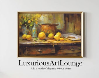 May include: A still life painting of lemons, a pot, a bottle, and flowers on a wooden table. The painting is framed in gold and has a rustic, vintage feel.