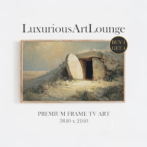 Könnte beinhalten: Gerahmter Kunstdruck mit einer Landschaft mit einem Eingang zu einer Steinstruktur. Das Kunstwerk hat eine neutrale Farbpalette mit einem warmen, einladenden Glanz. Der Text "LuxuriousArtLounge" steht oben und "PREMIUM FRAME TV ART" unten.
