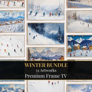 Juego de 33 marcos para pósteres de esquí vintage, paquete de salvapantallas de cabaña alpina de invierno, pinturas al óleo retro de laderas nevadas, descarga en 4K.