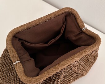Handmade Brown Straw Clutch: Woven Knitting Crochet Bag
