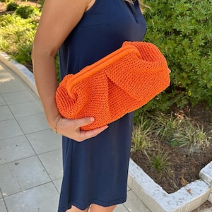 Handmade Crochet Straw Clutch: Orange Raffia Pouch Bag