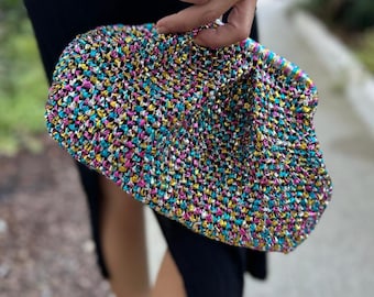 Colorful Metallic Raffia Pouch Bag  - Crochet Clutch Bag - Knitted Wedding Bag - Thoughtful Present for Women - Handmade Woven Bag