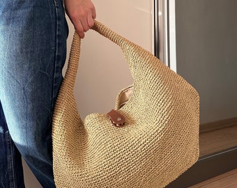 Elegancka, ręcznie robiona na szydełku torba na ramię, torba w stylu boho z tkanej włóczki papierowej
