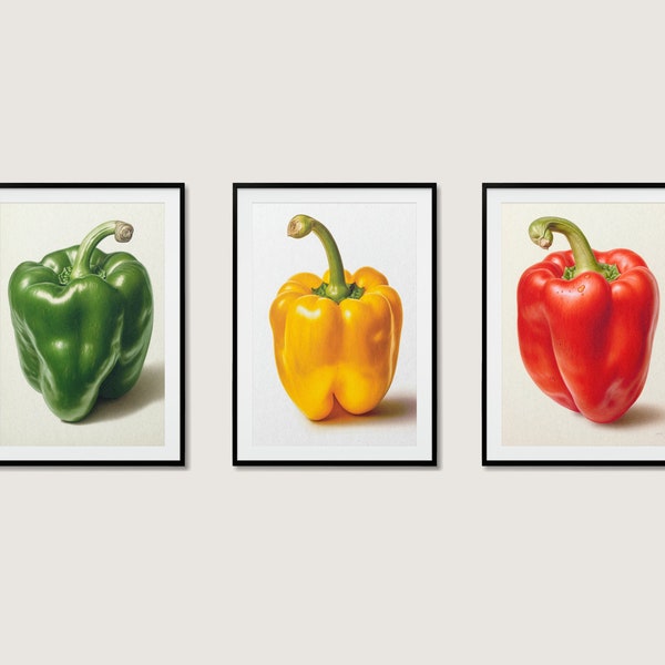 Bell Pepper Trio Art Prints - Ensemble de 3 décorations murales de cuisine - Aquarelle Art végétal - Impressions de cuisine colorées - Home Chef Decor