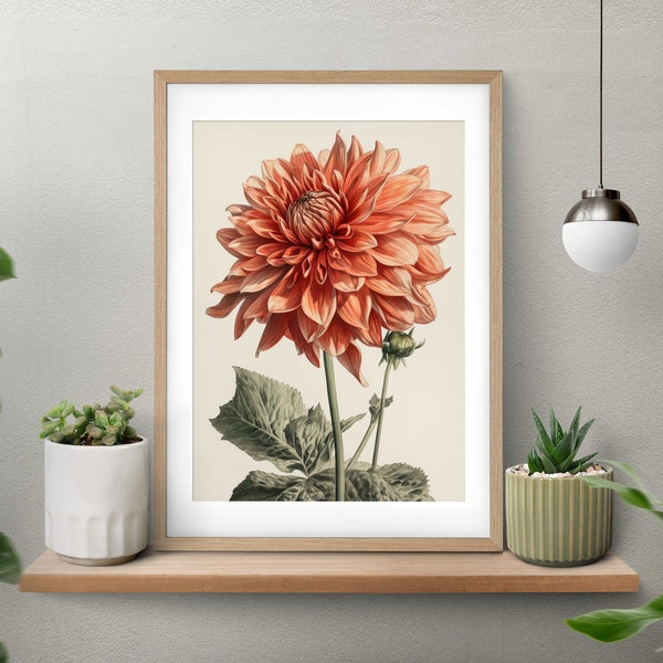 Dahlia Vintage Botanical Print of flowers, Rustic Floral Wall Art, Digital Download, Printable Artwork, Boho Home Decor