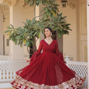 Stylish Sequins Embroidered Gown with Dupatta | Full Flair Gown for Women