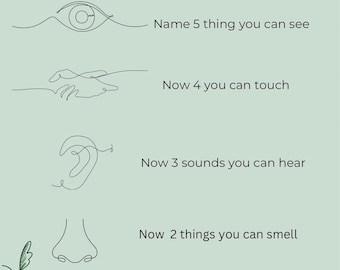Puede incluir: Un gráfico verde y blanco con el texto "Lets come back to the present" y "A technique to cope with anxiety". El gráfico presenta cinco dibujos lineales de partes del cuerpo: un ojo, dos manos, una oreja, una nariz y una boca. Cada parte del cuerpo va acompañada de un texto que anima al espectador a nombrar cinco cosas que puede ver, cuatro cosas que puede tocar, tres sonidos que puede oír, dos cosas que puede oler y una cosa que puede probar.
