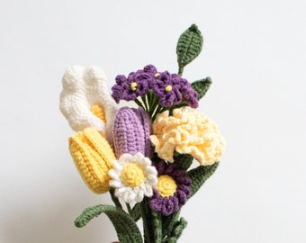 Crocheted bouquet long-lasting | Gift bouquet colorful | yellow orange bouquet | Tulips, sunflower, forget-me-not, rose Mother's Day