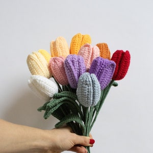 May include: A bouquet of crocheted tulips in various colors, including red, purple, pink, yellow, and white. The tulips are held in a hand with red nail polish.