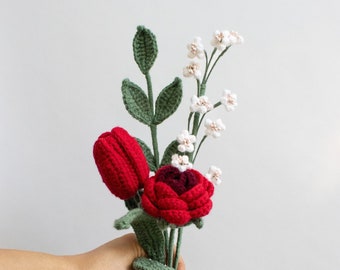 Tulip bouquet crocheted | Bouquet long-lasting, evergreen | Gift spring bouquet colorful | colorful tulips | red white roses