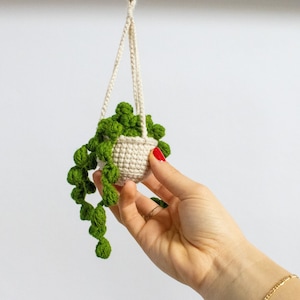 Crochet Plant Green Car Hanger Van Decoration Crochet plant Pilea Car mirror decoration small Pea plant image 2