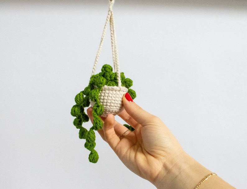 Crochet Plant Green Car Hanger Van Decoration Crochet plant Pilea Car mirror decoration small Pea plant image 2