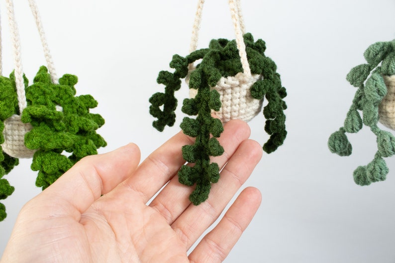 Crochet Plant Green Car Hanger Van Decoration Crochet plant Pilea Car mirror decoration small Pea plant image 7