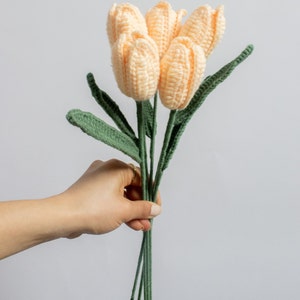 May include: A bouquet of five crocheted peach-colored tulips with green stems and leaves.