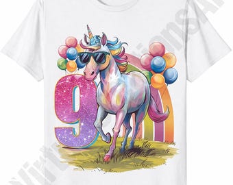 Girls 9th Birthday Unicorn PNG, Cute Unicorn Birthday PNG Sublimation Design, Girls Birthday png, Sixth Unicorn Birthday, 9th Birthday Gift