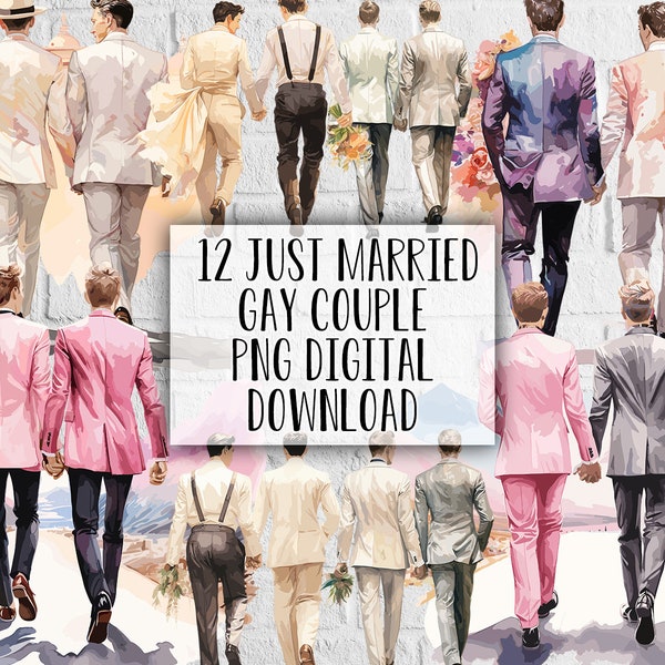 12 Watercolor Just Married Gay Couple Clipart - Printable Art for Crafts, Scrapbooking, and More!  LGBT Clipart
