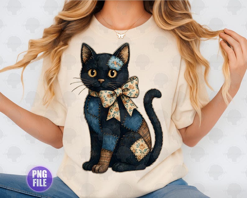 Pode incluir: Camiseta creme com uma ilustra&ccedil;&atilde;o em aquarela de um gato preto com detalhes de patchwork. O gato tem um la&ccedil;o floral e uma flor azul na cabe&ccedil;a. O design &eacute; caprichoso e detalhado.
