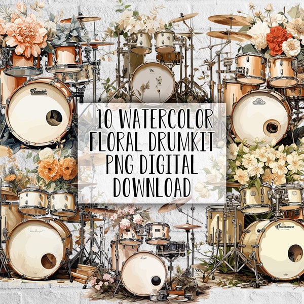 Watercolor Drum Set Clipart with Floral Accents - Set of 10 PNG Digital Downloads, Floral Drum Kit Decor