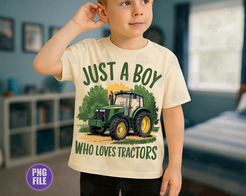 May include: A light yellow t-shirt with the text "JUST A BOY WHO LOVES TRACTORS" and a graphic of a green tractor. The tractor has yellow wheels and is set against a backdrop of trees and a yellow sun.