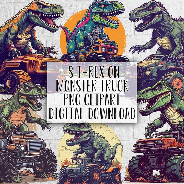 Dino Monstertruck Adventures - 8 T-Rex Riding Monstertruck Illustrations - PNG Digital Download,clipart