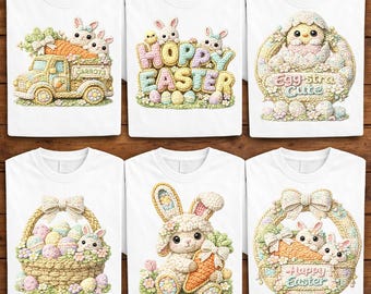 Cute Easter Crochet PNG Bundle | Amigurumi Bunny & Chick T-Shirt Designs | Pastel Easter Clipart