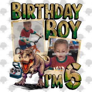 Niño de cumpleaños de dinosaurio PNG personalizable, 6 años, diseño de sublimación PNG de 6.º cumpleaños, cumpleaños de T-Rex PNG, tarjeta de 6.º cumpleaños PNG