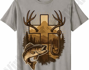 Hunting Faith Cross Deer Antler Fishing Hook Southern Outdoors PNG T Shirt Sublimation