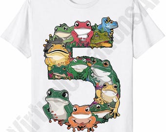 Nummer 5 kikkerthema png, 5 jaar oude peuter 5e verjaardag png digitale download, hoge kwaliteit png 300 dpi, T-shirtafbeelding