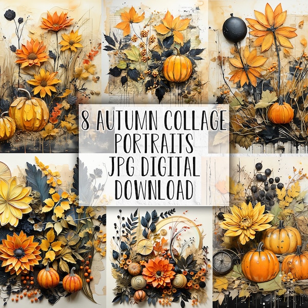 Autumn Harvest Delight: 8 Mixed-Media Collage Art Portraits - JPG Digital Download 300 DPI