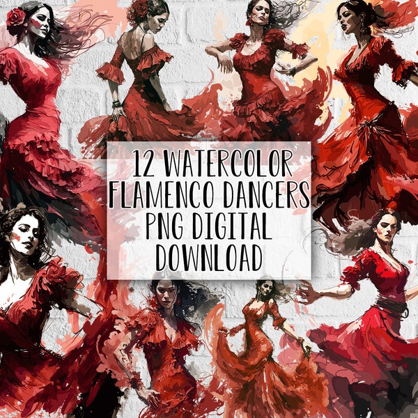 12 Watercolor Flamenco Dancers Clipart - Printable Art for Crafts, Scrapbooking, and More! Dancing Clipart