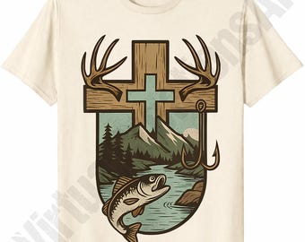 Hunting Faith Cross Deer Antler Fishing Hook Southern Outdoors PNG T Shirt Sublimation