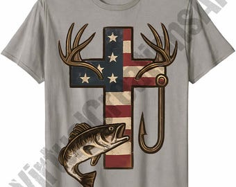Hunting Faith American Flag Patriotic Cross Deer Antler Fishing Hook Southern Outdoors PNG T Shirt Sublimation