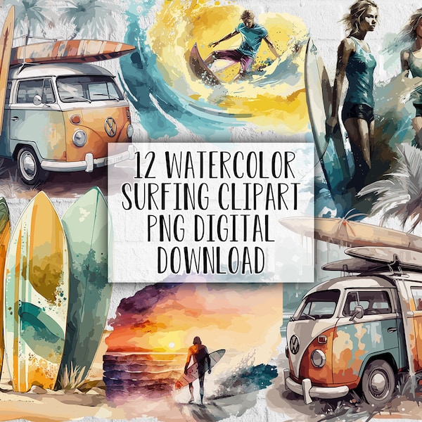 12 Watercolor Surfing Clipart - Printable Art for Crafts, Scrapbooking, and More!  Summer Beach Clipart