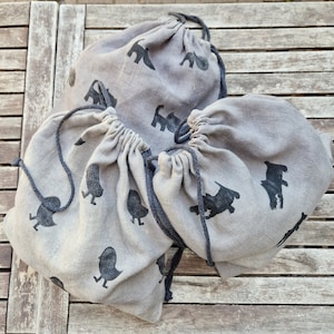 Hand painted vintage linen drawstring bag, gray linen storage bag, recycled storage bag with drawstring, reusable toys bag