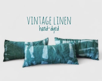 Green Vintage Linen Lumbar Pillow. Hand-Dyed Decorative Cushion. Cozy Home Accent. Unique Housewarming Gift