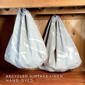 Vintage Linen Bento Bag, Hand Dyed, Eco-Friendly, Sustainable Wrap. Light Grey Storage Bag. Reusable Grocery Bag. Unique  Gift Idea