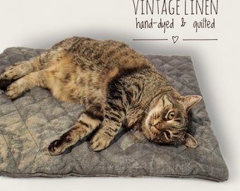 Gray Linen Pillow for Small Dogs & Cats. Quilted Cat Blanket. Vintage Chic Pet Bed. Perfect Gift for pet