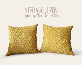 Mustard Yellow Linen Throw Pillows - Hand Painted & Quilted. Cozy Home Decor for Vintage Enthusiasts (No. 03)